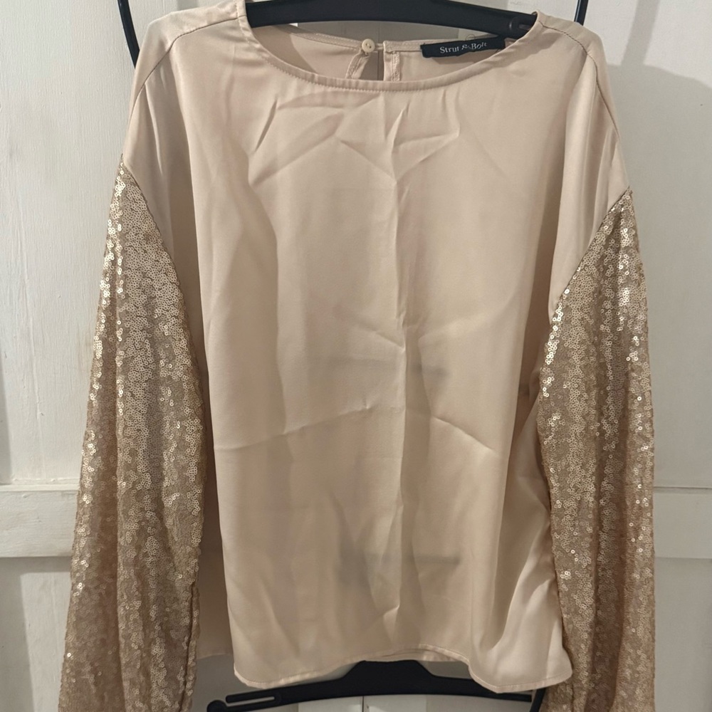 Elegant Beige Blouse with Gold Sequin Sleeves and Sequin Pants